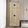 Density board pasted with triamine 9398-1 oak color black copper feet 4 doors 2 drawers with clothes rail wooden wardrobe