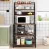 6 layers with strips and 10 S hooks, microwave oven rack, particle board with melamine paste, 80*40*170cm, retro brown plate, black