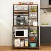 6 layers with strips and 10 S hooks, microwave oven rack, particle board with melamine paste, 96.8*40*170cm, retro brown plate, black