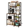 6 layers with strips and 10 S hooks, microwave oven rack, particle board with melamine paste, 96.8*40*170cm, retro brown plate, black