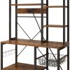 6 layers with strips and 10 S hooks, microwave oven rack, particle board with melamine paste, 96.8*40*170cm, retro brown plate, black